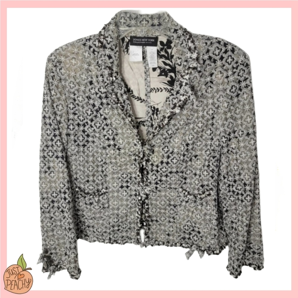 Jones New York Lace Mesh Bow 2 Hook Blazer Black/Cream 14P